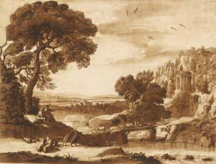 Landscape with wooden bridge and Temple of the Sibyl, Prints after drawings by Claude Lorrain,