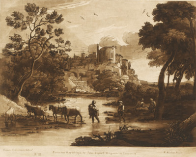 Landscape near a town with shepherds and cattle crossing a stream, Prints after drawings by Claude