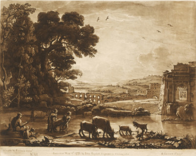 Landscape with shepherds, cattle and triumphal arch around a lake, Prints after drawings by Claude