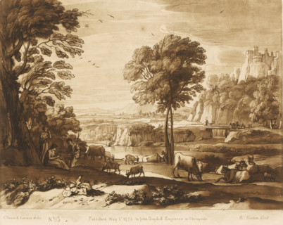 Landscape with flute-playing shepherdess and cattle near a lake, Prints after drawings by Claude