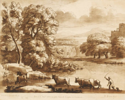 Landscape with waterfall and five oxen and shepherd crossing a river, Prints after drawings by