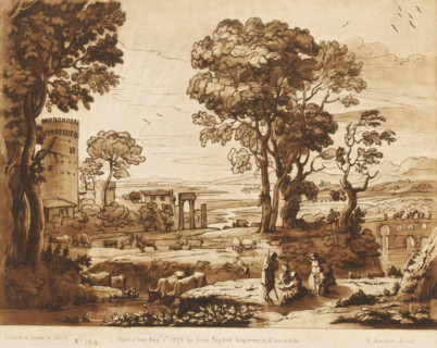 Landscape with ruins, tower, stone bridge and shepherds making music, Prints after drawings by