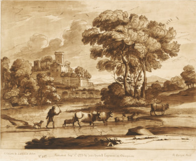 Landscape with town on a hill and cattle driver crossing the river, Liber Veritatis. Or a