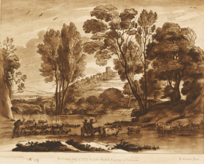 Landscape with village on a hill and three drovers crossing the river, Prints after drawings by