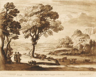 Landscape with three figures on a riverbank and castle on a hill, Liber Veritatis. Or a Collection