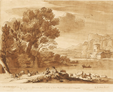 Landscape with a shepherd couple and goats near a bank, Prints after drawings by Claude Lorrain,