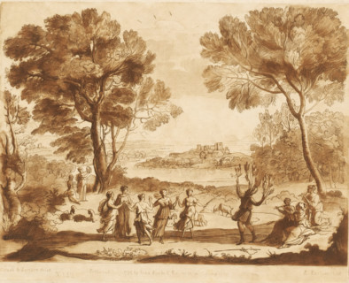Landscape with Apulian shepherd turning into an olive tree and dancing nymphs, Liber Veritatis. Or