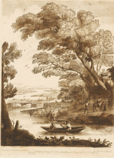 Landscape with rowing boat on a river and flight to Egypt, Liber Veritatis. Or a Collection of Two