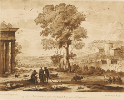 Landscape with shepherd family, ruin and drinking oxen, Prints after drawings by Claude Lorrain,