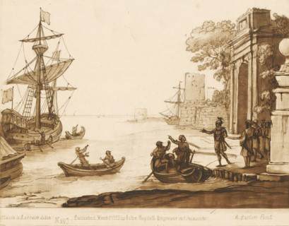 Seaport with triumphal arch and embarkation of a soldier, Prints after drawings by Claude Lorrain,