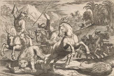 Lion Hunt, Hunting Scenes (Part 7), print, Landscape with hunters on horseback hunting lions. In