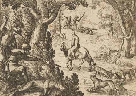 Wolf hunt with a dead ram as bait, Hunting scenes (part 2), Primo libro di caccie varie, print, A