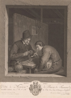 Bons amis, Two pipe-smoking men, print, Series number, 18, printmaker: Johann Georg Wille, Paris,