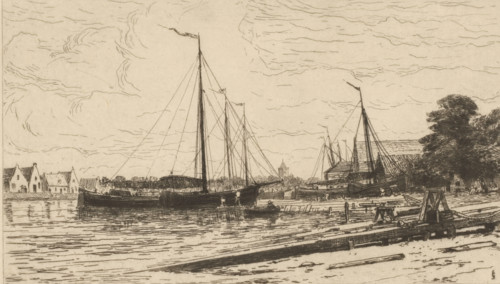 Chantiers à Muiden (original title), Shipyard in Muiden, print, number: 'No 6', printmaker: Carel