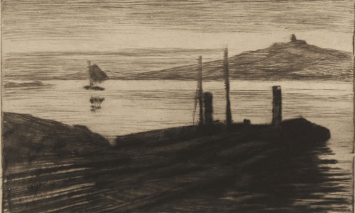 View of a shipyard, print, A sailboat is sailing in the background., number: '402', printmaker: