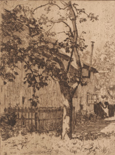 Atelier, Ewijkshoeve (original title), House behind a fruit tree, print, printmaker: Willem