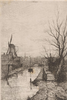 Landscape with canal, windmill and footbridge, Passerelle (original title), print, printmaker: