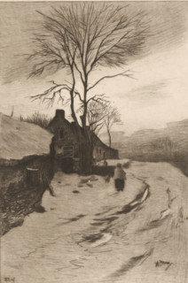 Farms along a road with bare trees, Hiver (original title), print, On the road a woman with a dog.,
