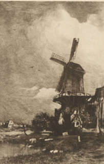 Mill and washing woman, Moulin à vent (original title), Jacob Maris. Twelve Landscapes, print,