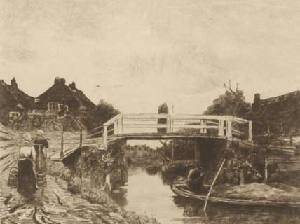 Le Pont (original title), Bridge over a canal in a village, Jacob Maris. Twelve Landscapes, print,