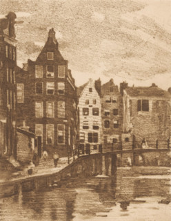 View of houses and a bridge in Amsterdam, print, printmaker: Willem Witsen, Amsterdam, c. 1915 - c.