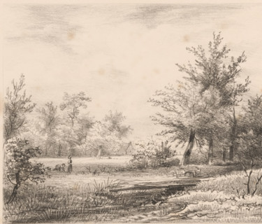 Landscape with figures and farm, print, Two figures, one bent over and the other standing, are