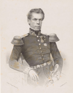 Portrait of FA Kortz, print, The sitter is wearing a military costume and holds a saber in his left