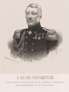 Portrait of E. van der Oudermeulen, print, The sitter is wearing a military uniform. Below the