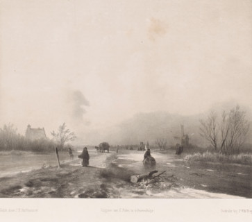 Winter landscape with skating figures and windmill, print, In the center runs a country road with a