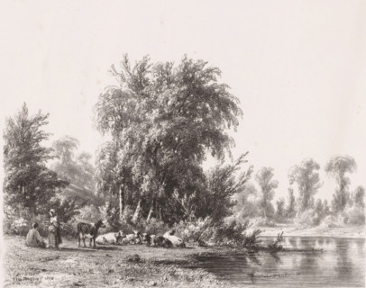 Resting herd by the water, print, On the left by the herd, a man and a woman. The woman is carrying