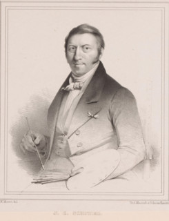 Portrait of Johannes Christiaan Schotel, print, The sitter holds a palette and cabinets in his