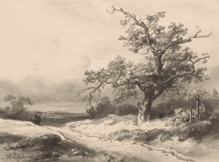 Landscape, print, In a landscape with a tree on the right, a figure walks in the background on a