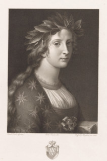 Allegory of poetry, print, Portrait of a woman with a book and a laurel wreath around her head.