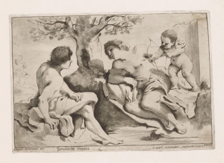 Venus and Adonis with Cupid, print, Venus and Adonis partially undressed in a landscape. Next to