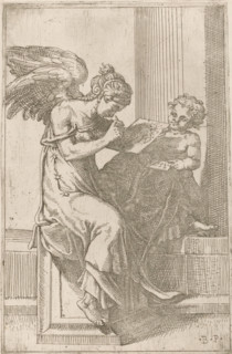 Painting (Pictura), print, Painting (Pictura) as a winged woman. She is painting a panel, while a