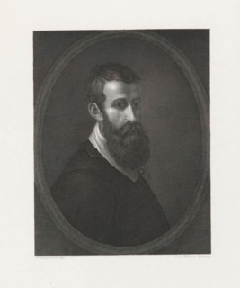 Portrait of painter Perino del Vaga, print, printmaker: Levi Pollacco, after painting by Perino del