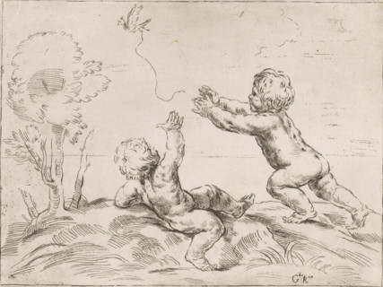 Two children playing with a bird, print, Two children in a landscape. A bird on a string, with
