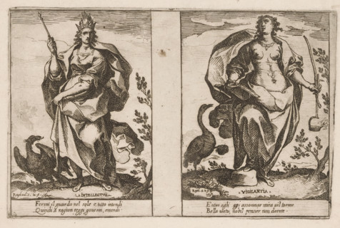 Intellect and Vigilance, Attributes of the Soul, print, Two representations of personifications.