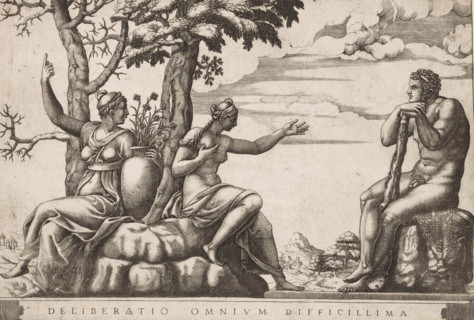 Deliberatio omnium difficillima, Hercules at the Crossroads, print, At the crossroads, Hercules