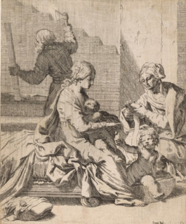 Holy Family with John the Baptist and Elizabeth, print, In the foreground Mary is breastfeeding the