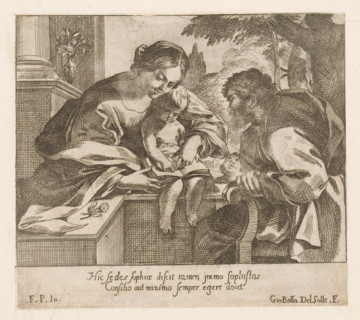 Mary teaches the Christ-child to read, print, The Christ-child sitting with a book on his lap. Mary