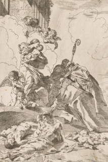 Three saints interceding for victims of the plague, print, Three saints kneel before Mary and the