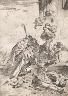 Three saints interceding for victims of the plague, print, Three saints kneel before Mary and the