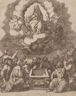Assumption of Mary, print, The Assumption of Mary in the presence of the apostles. Mary is