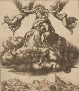 Mary with Child, print, Mary with the Christ Child on a cloud formation supported by putti. Mary is