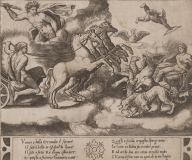 Chariots of Venus and Apollo, print, Left Apollo on his chariot with four horses harnessed side by