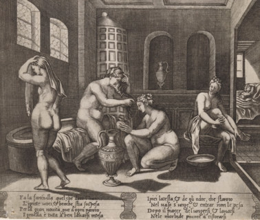Bathing Psyche, Story of Amor and Psyche, print, Psyche sitting on the edge of a bath, surrounded