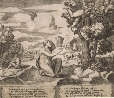 Amor flees from Psyche, Story of Amor and Psyche, print, Series number, 14, 32, In a landscape, the