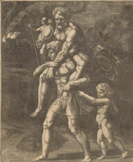 Aeneas and his family flee from Troy, print, Aeneas walks with his father Anchises on his back. In