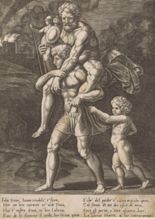 Aeneas and his family flee from Troy, print, Aeneas walks with his father Anchises on his back. In